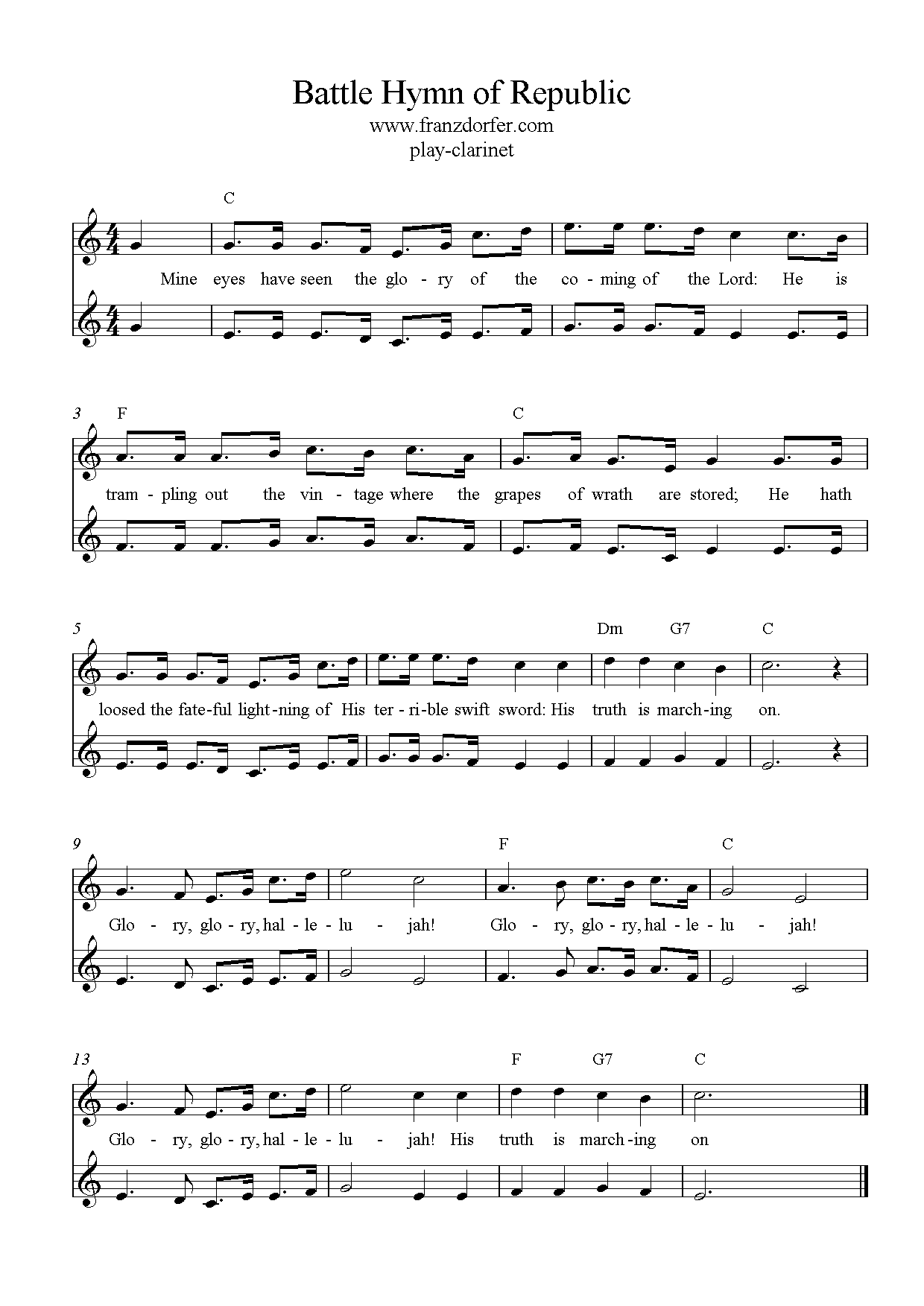 freesheet Music for Clarinet The Battle Hymn of Republic